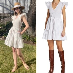 Sea NY white flutter sleeve cotton mini dress tiered skirt smocked bodice sz 4